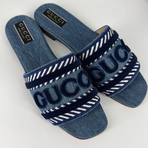 Gucci 38 Denim Jean Jane Logo Blue Stripe Slides Sandals E948